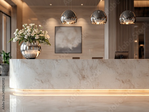 Modern marble reception desk in a hotel lobby with white flowers in a vase.