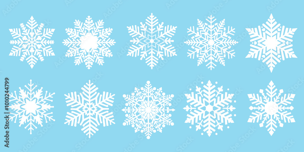 Snowflake vector set. Christmas and New Year holidays elements for greeting card. Winter line style isolated illustration. White Snowflakes icon.