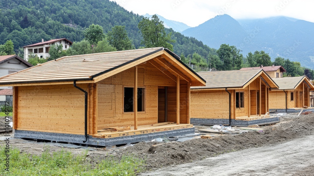 Production of wooden modular houses at a construction site, showcasing the process Production of wooden modular houses at a construction site, showcasing the process
