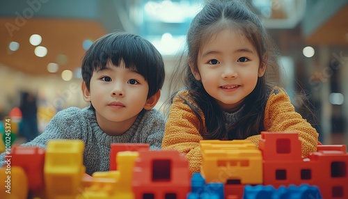 Portrait of Children Playing Together in Kids Room at Shopping Mall Stylish Multiethnic Kids with Colorful Construction Toys, Daycare Fun photo