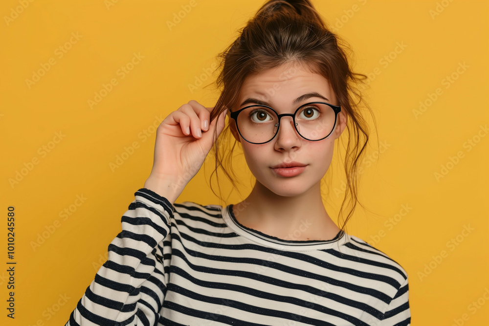 Portrait of a Young Woman Wearing Glasses and a Striped Shirt Against a Yellow Background Portrait of a Young Woman Wearing Glasses and a Striped Shirt Against a Yellow Background
