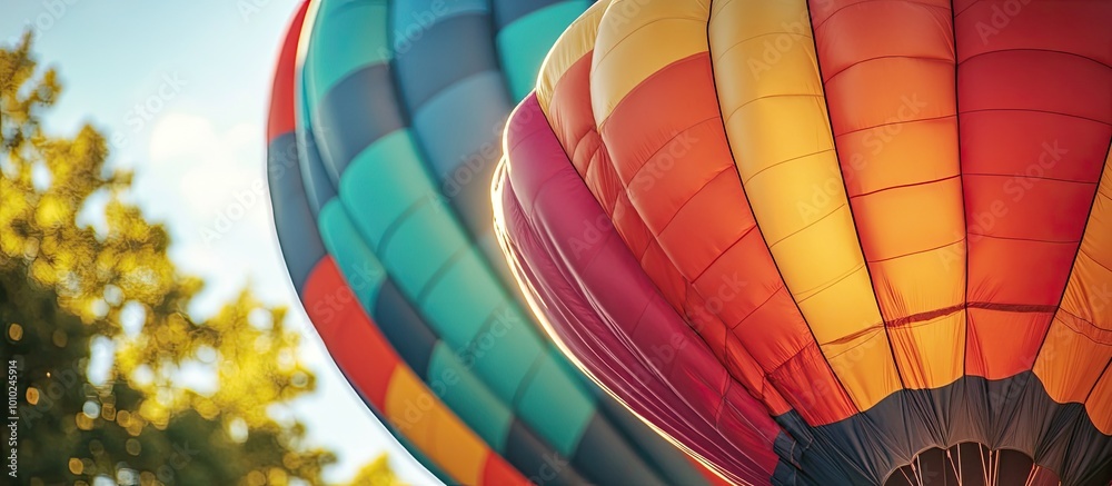 Obraz premium Colorful Hot Air Balloons Against a Blue Sky with a Blurred Green Tree in the Foreground