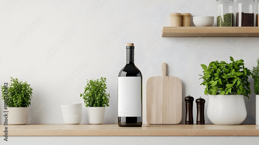 Glass Bottle Sitting in Modern Minimalist Kitchen with Shelves and Plants Glass Bottle Sitting in Modern Minimalist Kitchen with Shelves and Plants