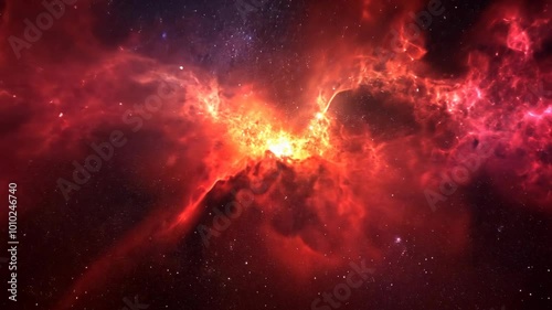 A fiery red nebula fills the space, glowing brightly against the dark backdrop of the cosmos
