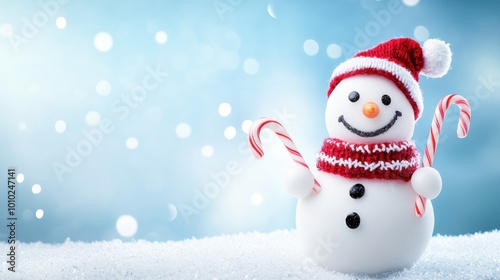 Happy snowman holding a candy cane in a festive winter setting