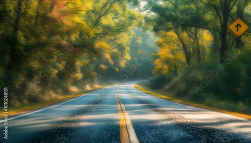 Serene autumn road adorned with vibrant foliage and a cautionary SLOW sign, highlighting peaceful journeys amid seasonal transformations. photo