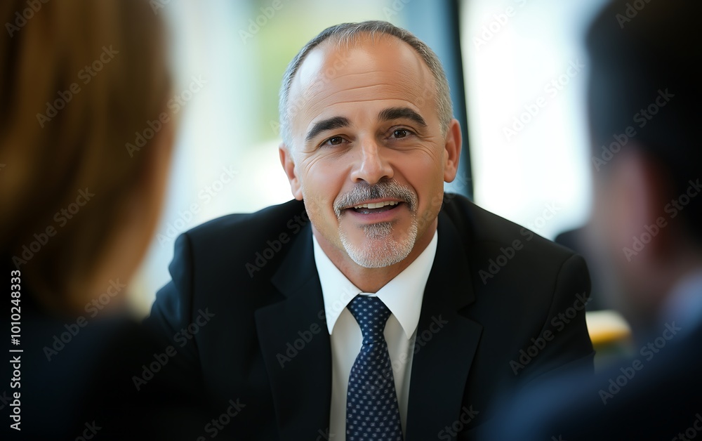 Naklejka premium A professional man in a suit smiles during a meeting, engaging with others in a business setting.