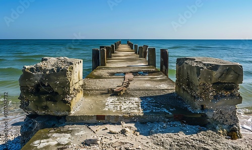 Fototapeta Naklejka Na Ścianę i Meble -  Old abandoned stone fishing pier on the coast of the Baltic Sea in Kolobrzeg.