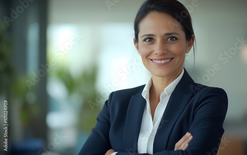 A confident professional woman smiles warmly, dressed in a smart suit, standing in a bright office environment. Free Download A confident professional woman smiles warmly, dressed in a smart suit, standing in a bright office environment. - GFXLoad