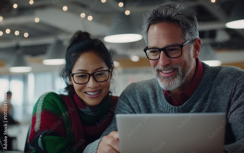 A woman and man smile while looking at a laptop in a cozy, festive environment, showcasing a joyful interaction. A woman and man smile while looking at a laptop in a cozy, festive environment, showcasing a joyful interaction.