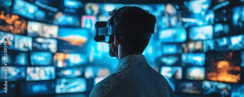 3D VR Interface Businessman Exploring Digital Content, Streaming Media, Social Networking, eCommerce in Cyberspace