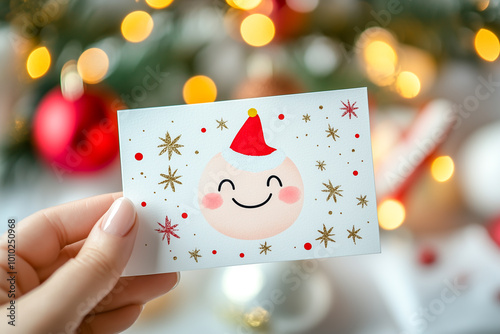 Hand holding a Christmas card featuring a cute smiling character in a Santa hat with a festive background, evoking warmth and holiday joy. Concept of celebration, greetings, and holiday spirit.