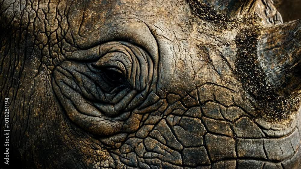 A close-up of a rhinoceros's eye and the textured skin around it A close-up of a rhinoceros's eye and the textured skin around it