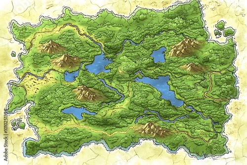 Fantasy map with mountains, rivers and lakes photo