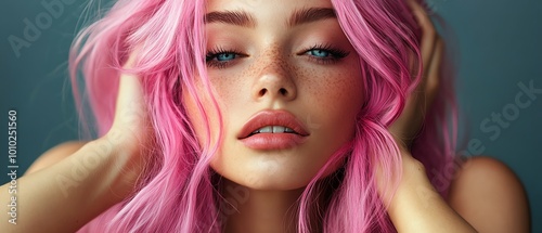 Pinkhaired woman in a portrait, hands resting behind her head, confident and serene expression, vibrant pink hair, modern and chic look photo