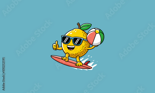 Cartoon lemon wearing sunglasses, surfing with a beach ball, giving a thumbs-up.