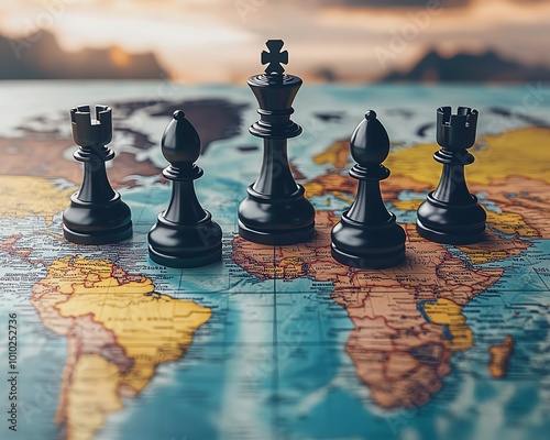 Geopolitical scene with chess pieces on a map of the world, symbolizing strategic movement and international discussions between nations and continents photo