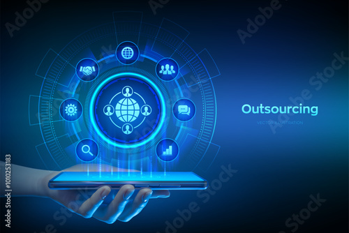 Outsourcing and HR. Social network and global recruitment. Global Recruitment Business and internet concept on virtual screen. Smartphone in hand. Using smartphone. Vector illustration.