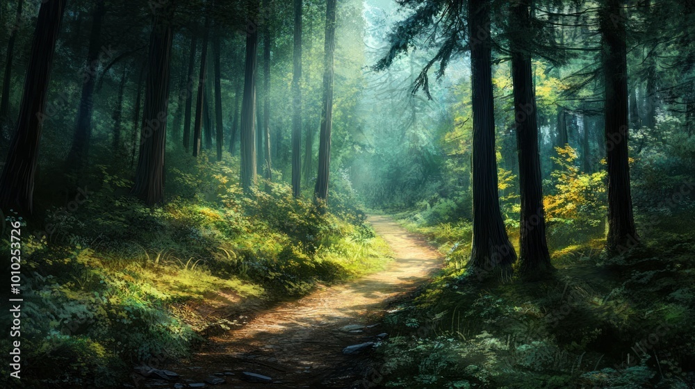 Obraz premium A Sunlit Path Through a Deep, Green Forest