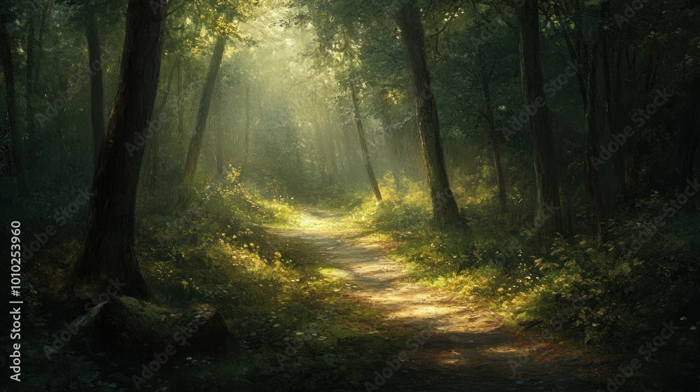 Fototapeta premium Sunbeams illuminating a path through a dense, green forest