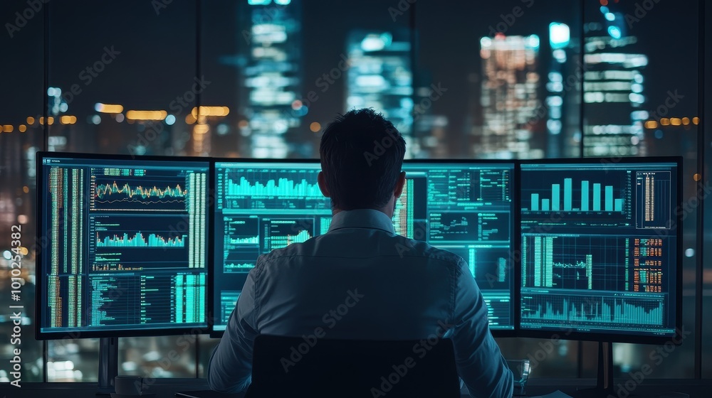 Businessman Analyzing Financial Data in a Futuristic Control Room Businessman Analyzing Financial Data in a Futuristic Control Room