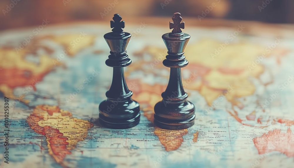Visual of two chess pieces on a world map, capturing the essence of geopolitical discussions and strategic movement across countries and continents Visual of two chess pieces on a world map, capturing the essence of geopolitical discussions and strategic movement across countries and continents