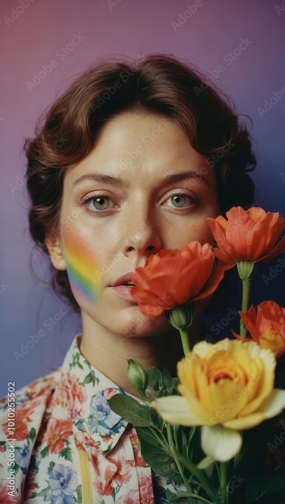 Woman holding bouquet of flowers with painted cheek in whimsical floral portrait Woman holding bouquet of flowers with painted cheek in whimsical floral portrait