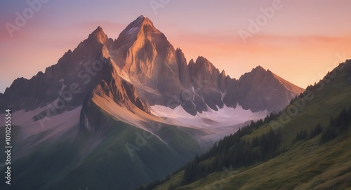 A majestic mountain peaks at dawn, bathed in warm golden light as the sunrise casts a gentle glow on its rugged terrain. The sky is painted with hues of pink and orange, gradually brightening to revea