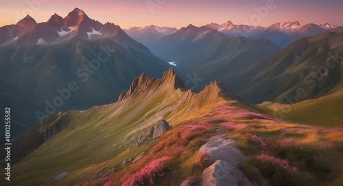 A majestic mountain peaks at dawn, bathed in warm golden light as the sunrise casts a gentle glow on its rugged terrain. The sky is painted with hues of pink and orange, gradually brightening to revea