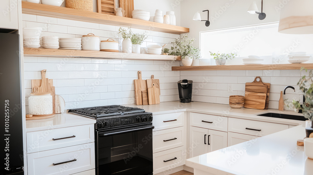 white tiles kitchen with white cabinet , wood shelves for the dishes and cup , black appliances , Scandinavian style . white tiles kitchen with white cabinet , wood shelves for the dishes and cup , black appliances , Scandinavian style .