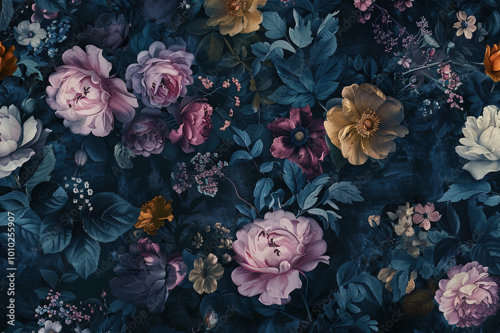 Fototapeta premium Seamless wallpaper, victorian style wallpaper with dark background, rich colors and peonies, roses, gardenias