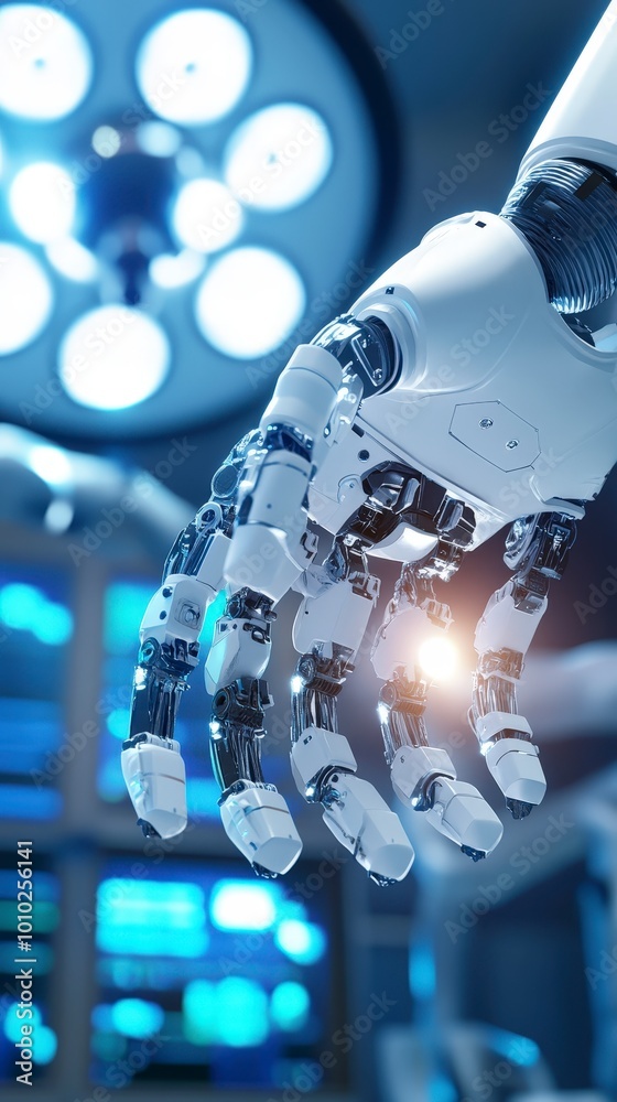Robotic hand reaching under bright surgical lights in hospital setting Robotic hand reaching under bright surgical lights in hospital setting