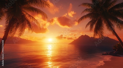 Beautiful sunset over a tropical beach with palm trees swaying in the breeze.