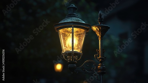 Ornate Street Lamp Illuminated at Dusk