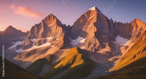 A majestic mountain peaks at dawn, bathed in warm golden light as the sunrise casts a gentle glow on its rugged terrain. The sky is painted with hues of pink and orange, gradually brightening to revea