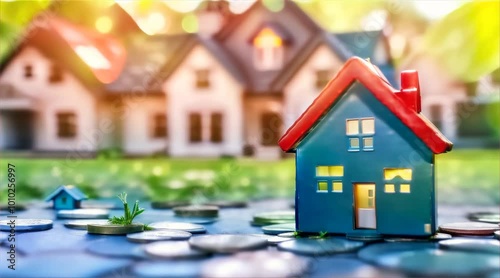 A colorful miniature house model with a red roof placed on blue pebbles, set against a blurred sunlit garden background.