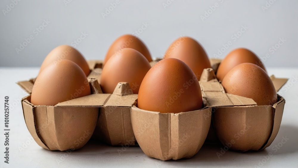 Fresh brown eggs arranged in a cardboard carton on a plain surface Fresh brown eggs arranged in a cardboard carton on a plain surface