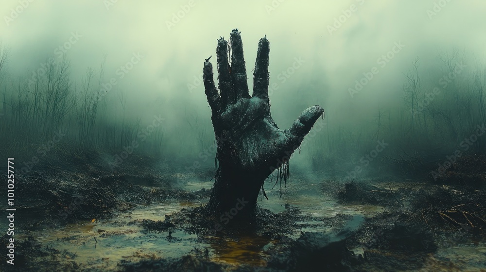 A large, eerie hand emerges from a murky, foggy landscape. A large, eerie hand emerges from a murky, foggy landscape.