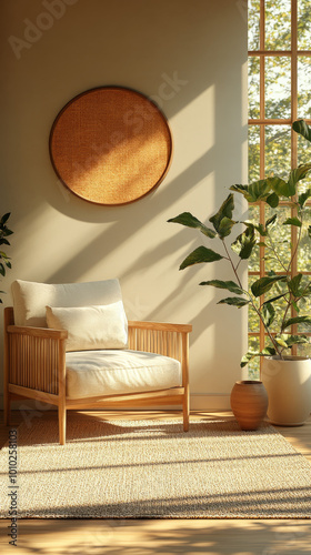 A cozy living room with a wicker armchair and a woven rug.
