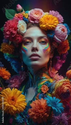 Digitally altered portrait of woman with colorful flowers and vibrant makeup