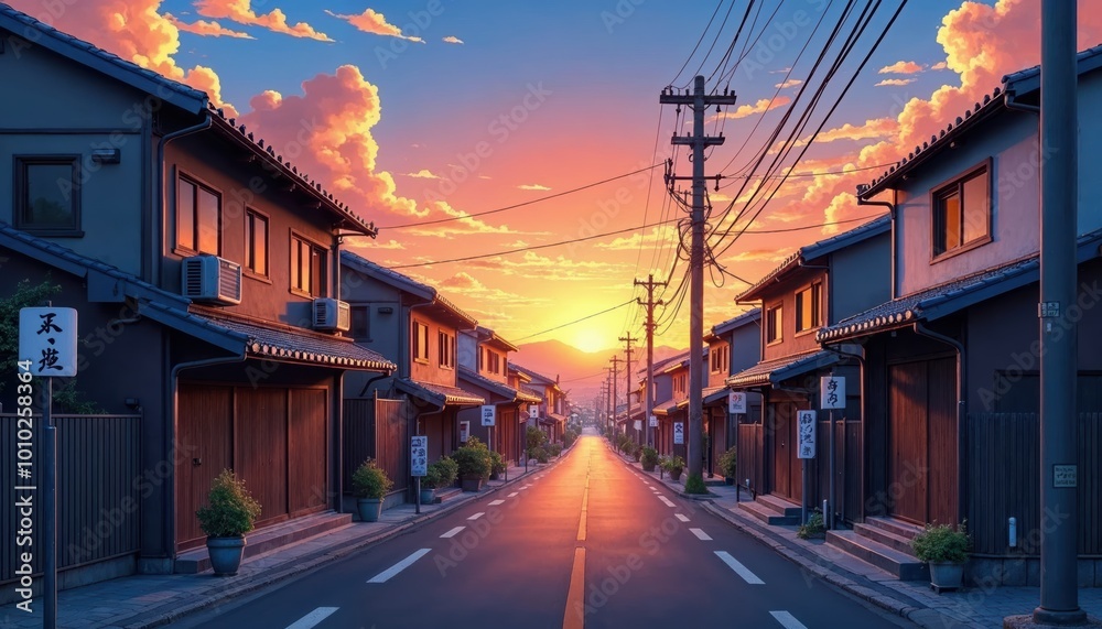 Sunset illuminates quiet street in small town with traditional houses on either side Sunset illuminates quiet street in small town with traditional houses on either side