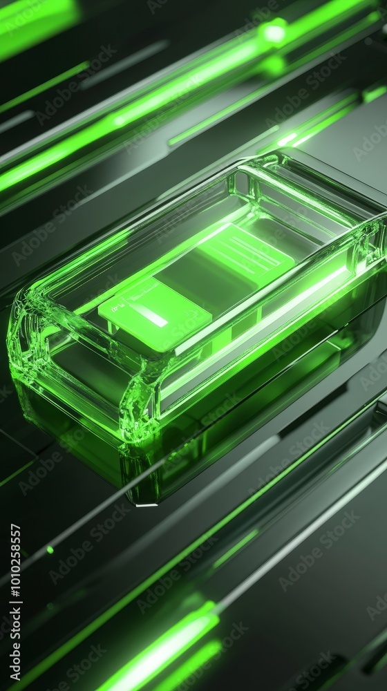 Futuristic transparent device with glowing green elements on reflective surface Futuristic transparent device with glowing green elements on reflective surface