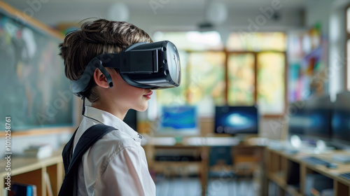 elementary students new way of learning in VR head set glass , they will wear the VR goggle during the class watching tv in the library