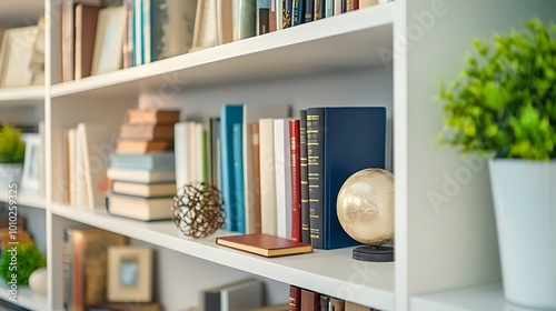 A white bookshelf with various books  a globe  and a plant.