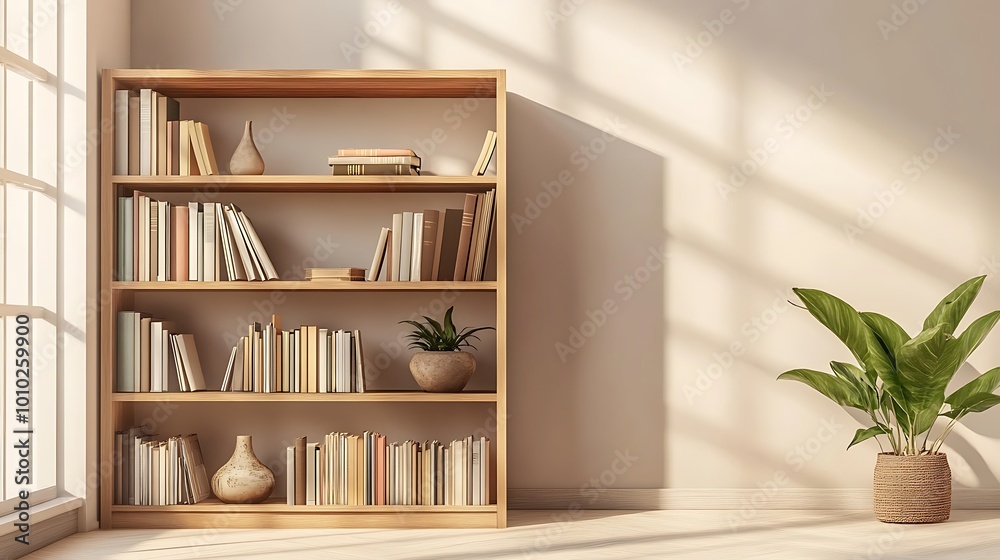 A wooden bookshelf filled with books and decorative items in a minimalist living room setting, with natural light filtering through a window. A wooden bookshelf filled with books and decorative items in a minimalist living room setting, with natural light filtering through a window.