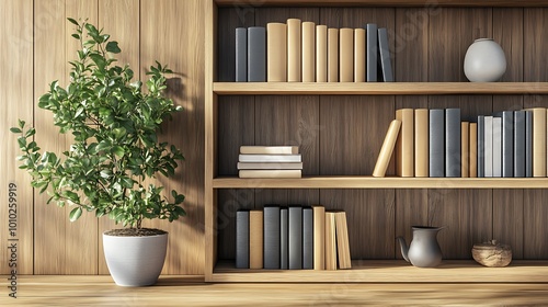 Bookshelf with books, a plant, a teapot, and a decorative object.