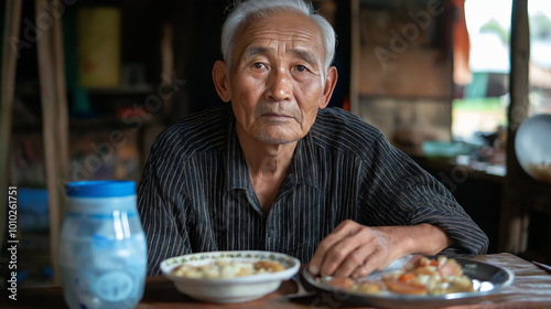 Wallpaper Mural Portrait of an Asian Grandfather Sitting at the Head of the Table During a Family Meal, Symbolizing Wisdom and Family Leadership in Village Life Torontodigital.ca