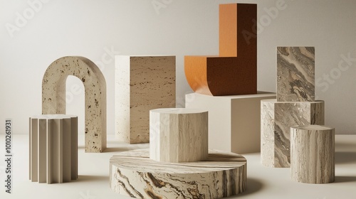 Obraz na plátně A collection of abstract wooden and stone sculptures displayed on pedestals