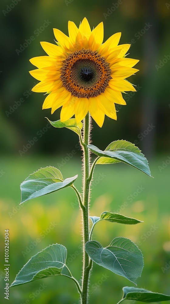 Fototapeta premium A bright sunflower blooming in a green field during sunny day