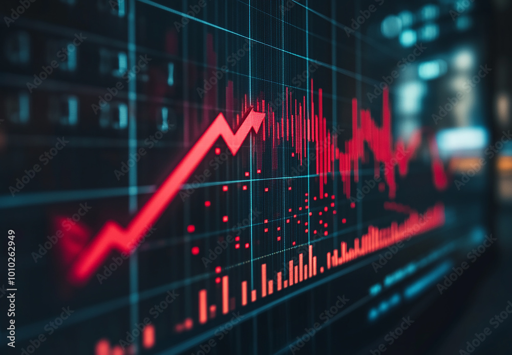 Photo of a glowing red stock market graph displaying financial data and trading trends Photo of a glowing red stock market graph displaying financial data and trading trends